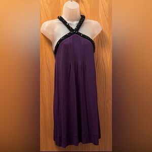 Express Deep Purple Beaded Dress with Black Sequin Straps Small